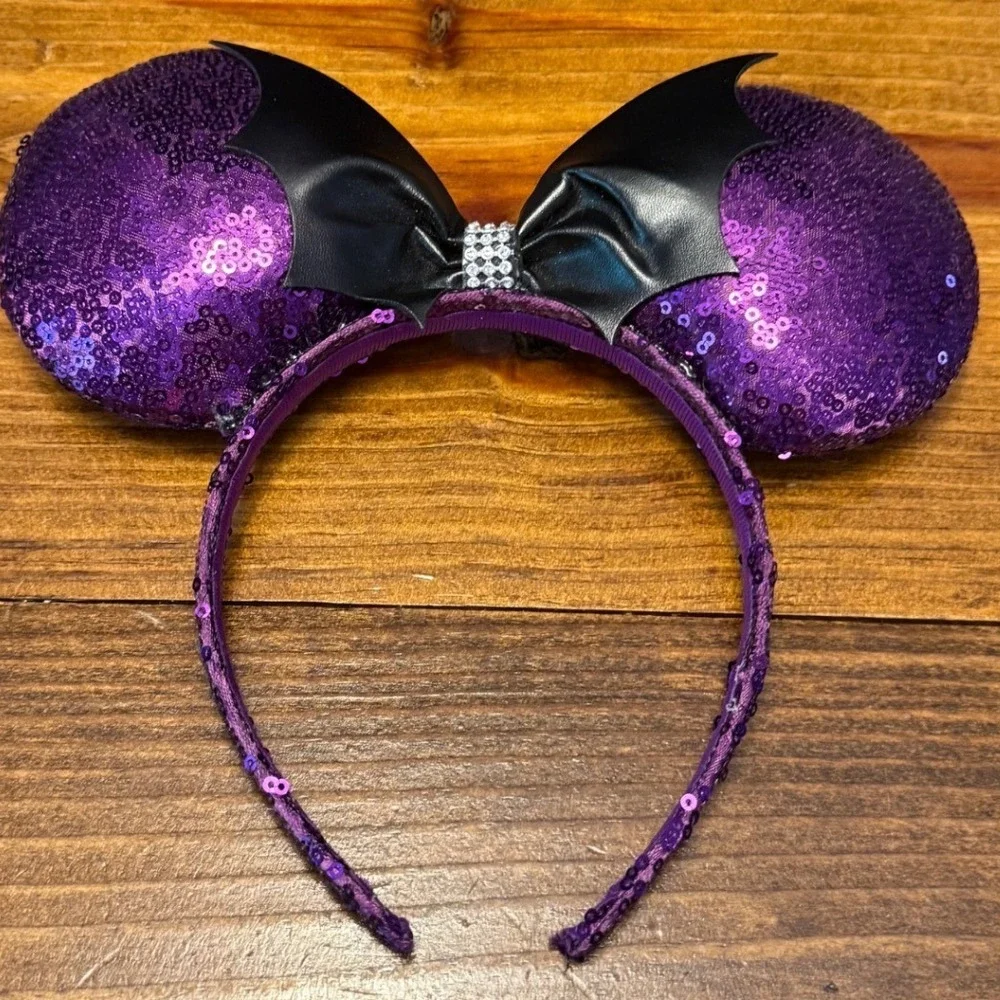 Disney Minnie Mouse Ears Headband Purple Bat Sequin Wing Halloween Excellent